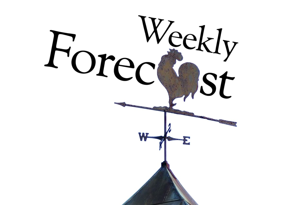 "Weekly Forecast" crows the rusty iron weathercock atop a metal cupola.