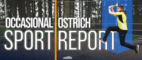 "Occasional Ostrich Sport Report" with image of a public baseball diamond and a silly man in a silly yellow jersey, with a silly yellow hammer, jumping in the air.
